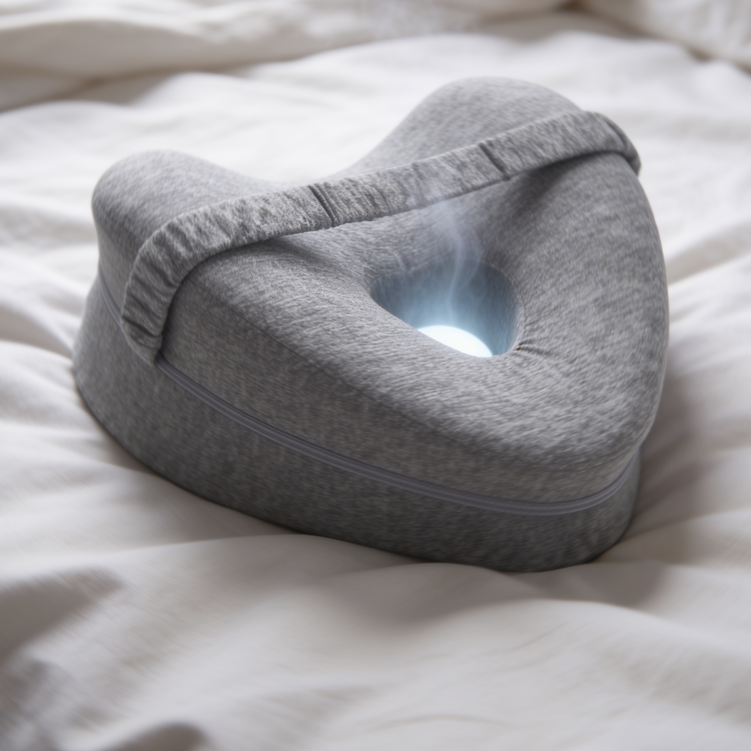 Gray knee pillow on a bed with air moving through the hollow center