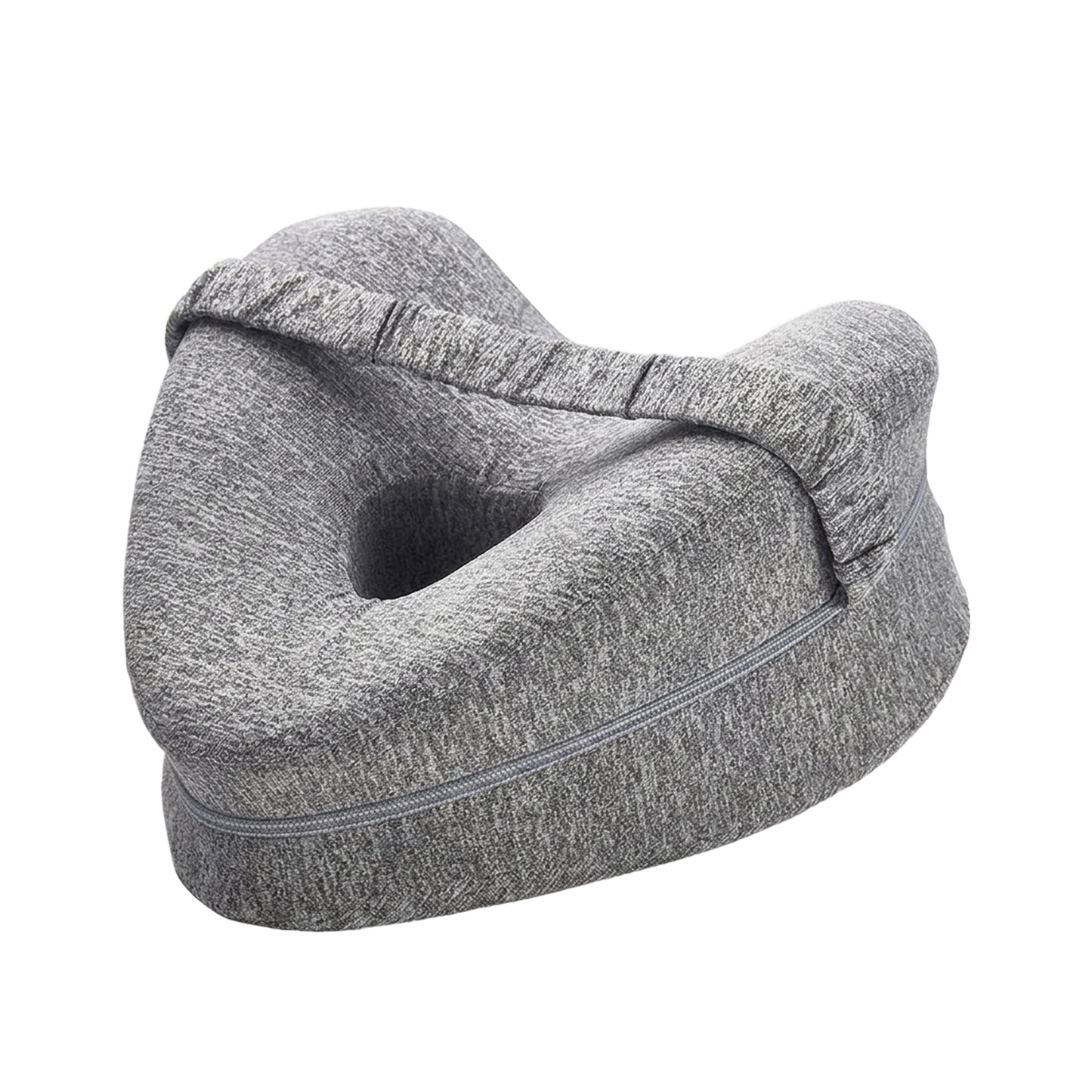 Grey heart-shaped memory foam knee pillow with hollow center, elastic leg strap and zipper on a white studio background