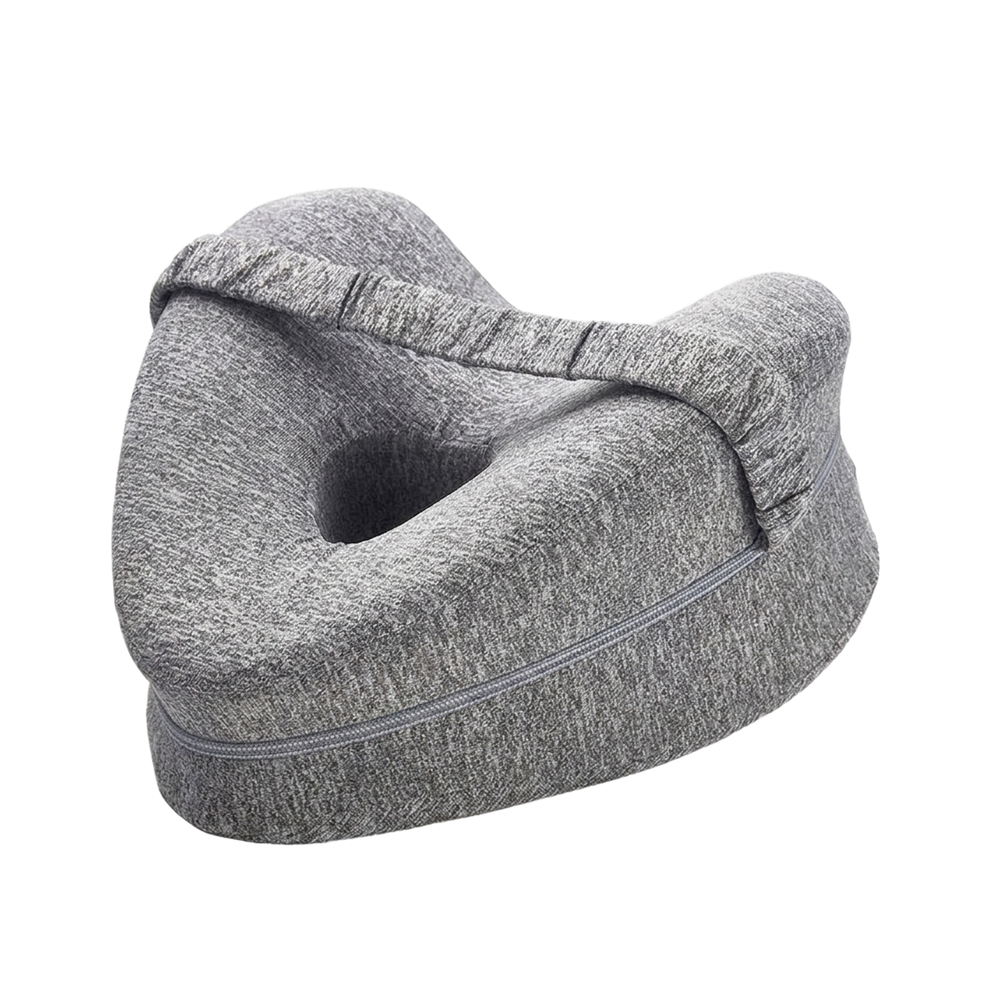 Grey heart-shaped memory foam knee pillow with hollow center, elastic leg strap and zipper on a white studio background