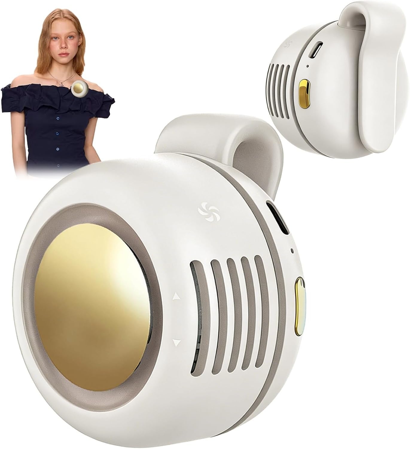 Model wearing the white clip-on bladeless fan clipped to a collar, close-up