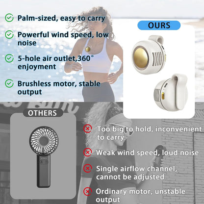 Comparison graphic: this bladeless clip-on fan versus a typical handheld fan