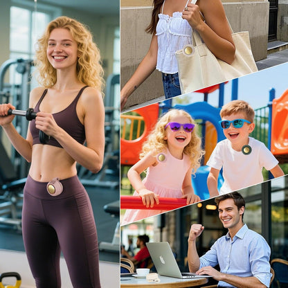 Lifestyle collage: clipped at the gym, on a bag strap, at the playground, and at a cafe