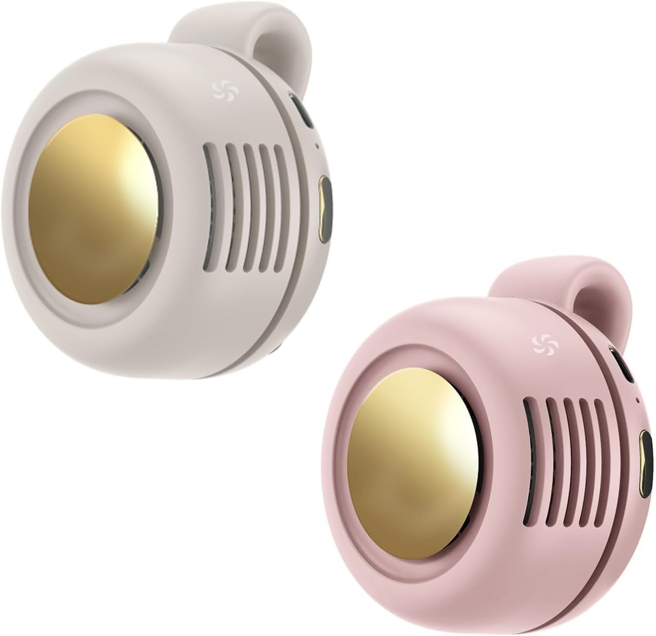 White and dark green clip-on bladeless fans shown side by side