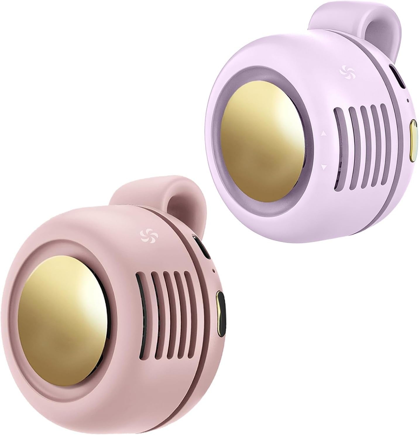 White and pink clip-on bladeless fans shown side by side