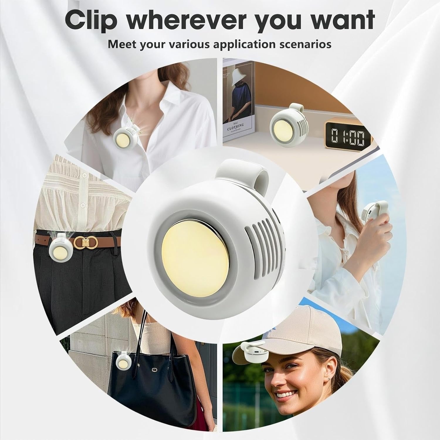 Clip-on fan usage scenarios: collar, desk, shoulder strap, waistband, bag, and hat