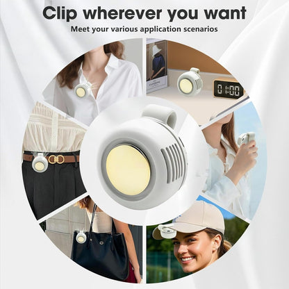 Clip-on fan usage scenarios: collar, desk, shoulder strap, waistband, bag, and hat