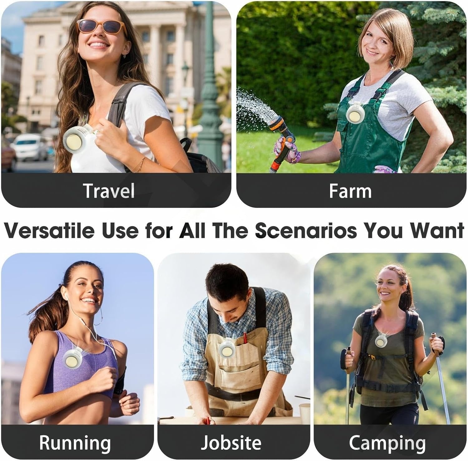 Versatile use scenarios: travel, farm work, running, jobsite, and camping