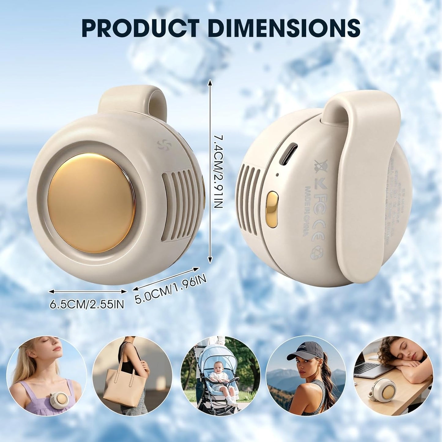 Product dimensions diagram: 7.4 x 6.5 x 5.0 cm with usage icons