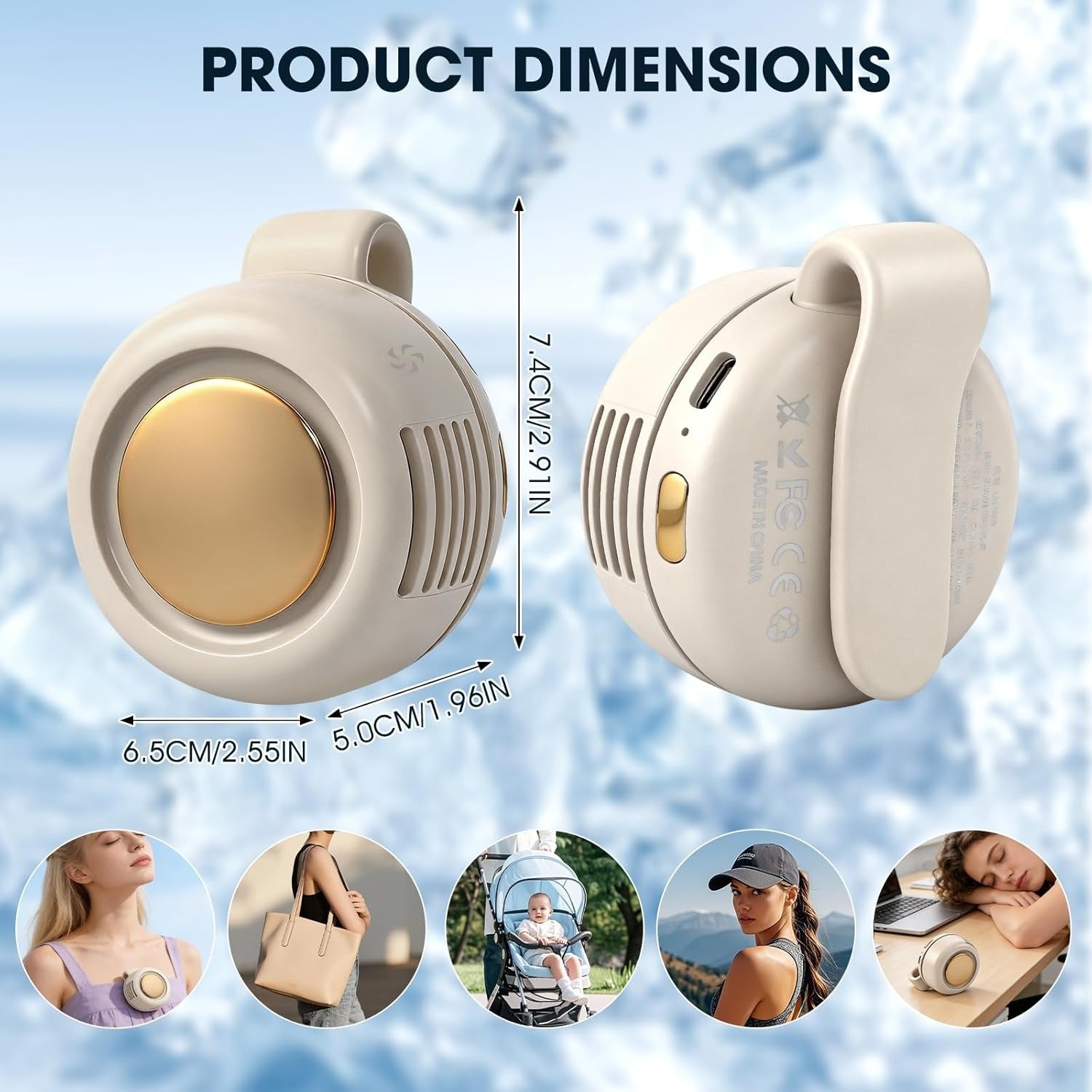 Product dimensions diagram: 7.4 x 6.5 x 5.0 cm with usage icons