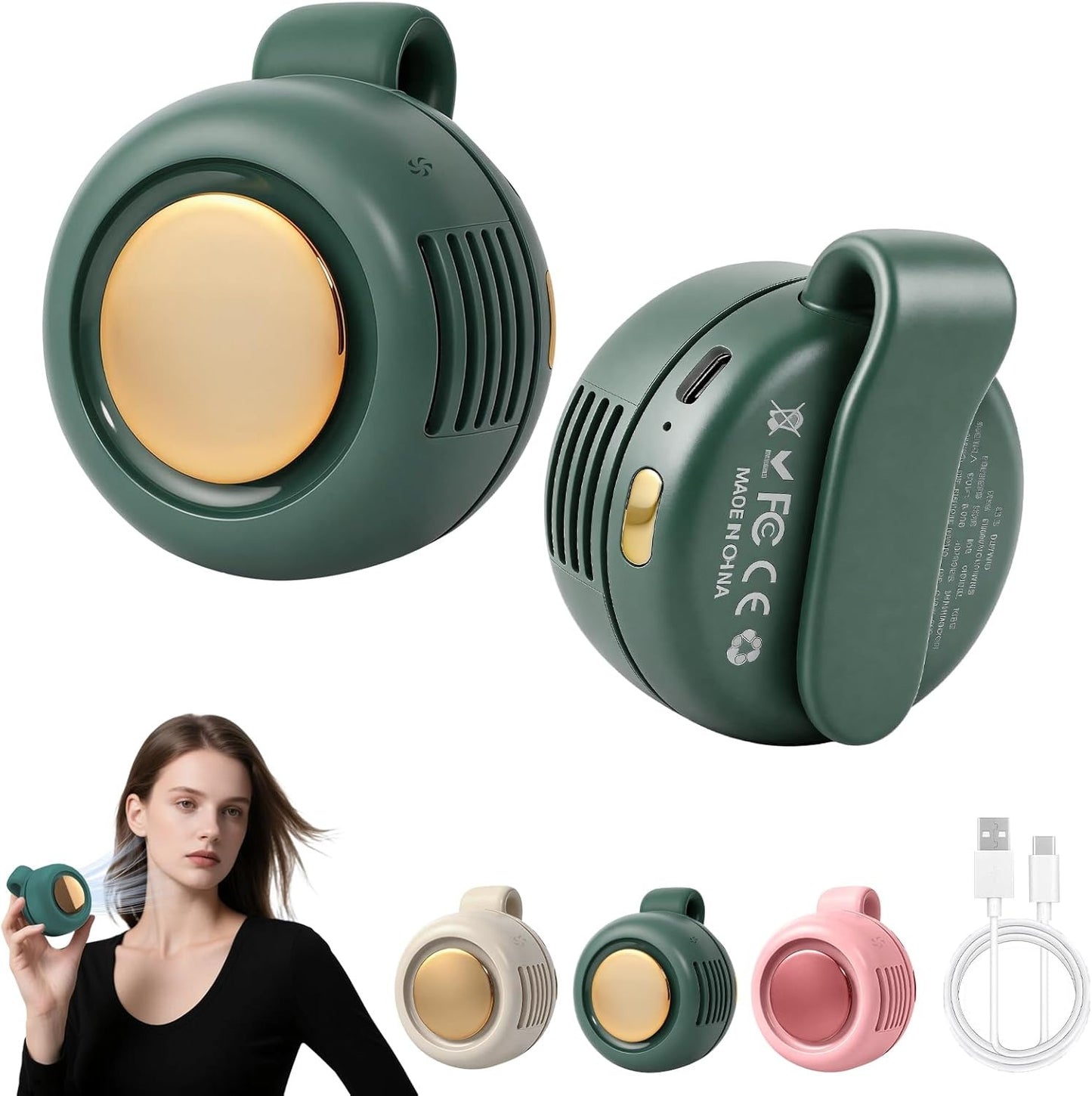 Dark green clip-on bladeless fan shown from two angles, held in hand, with the white, dark green and pink colors and a USB-C cable