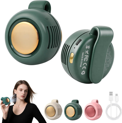 Dark green clip-on bladeless fan shown from two angles, held in hand, with the white, dark green and pink colors and a USB-C cable