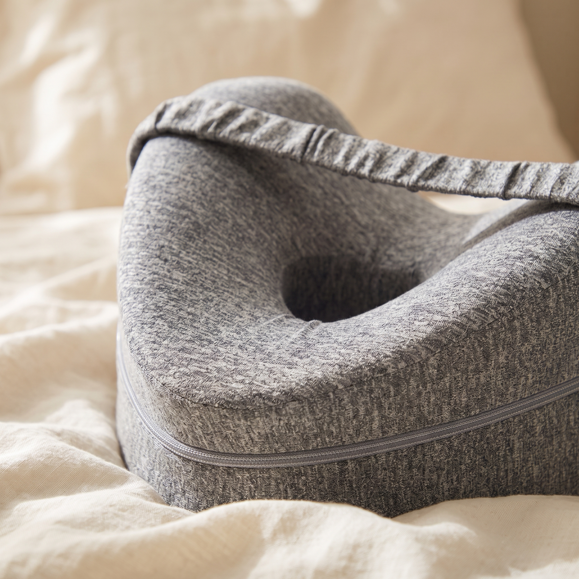 Close-up of the hollow center of the grey heart-shaped knee pillow