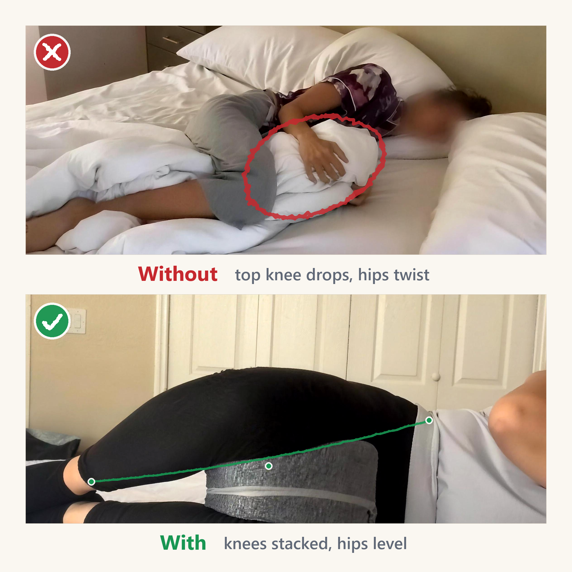 Infographic comparing side sleeping without and with the knee pillow, showing hip and spine alignment