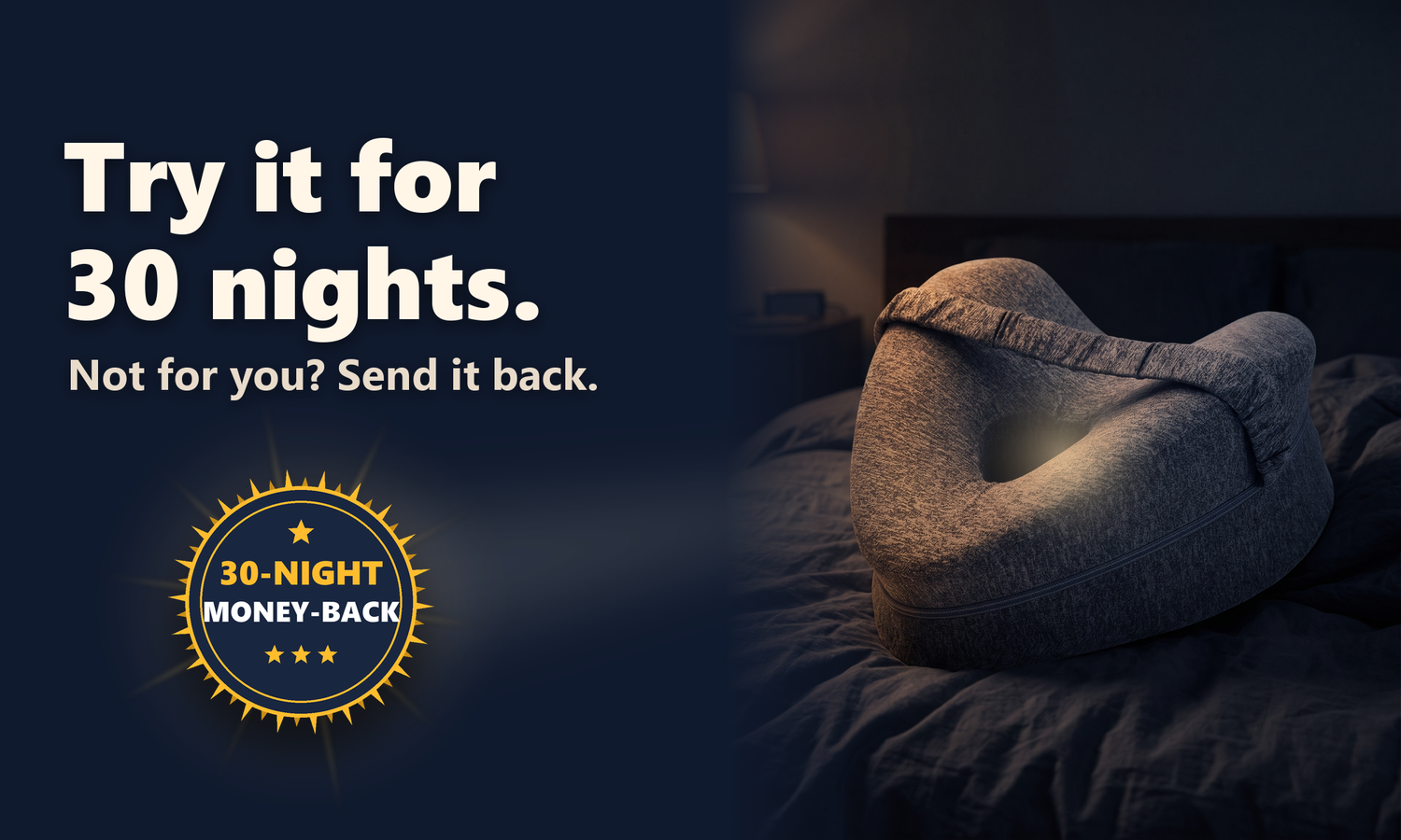 30-night money-back guarantee card with the grey knee pillow on a bed