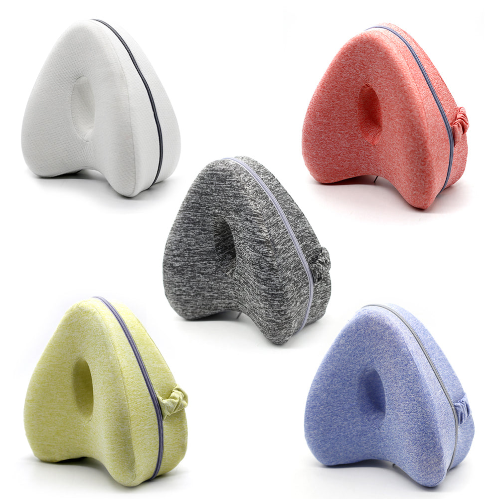 Side-sleeper knee pillow shown in all five colors: white, coral, gray, green and blue