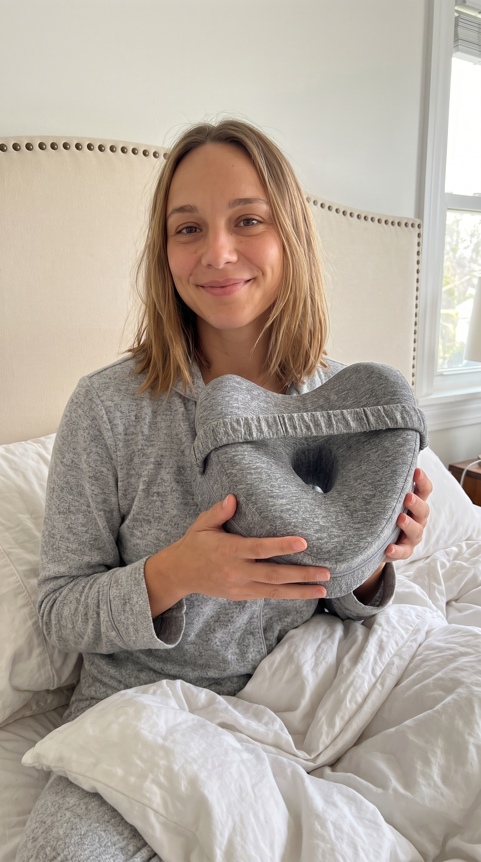 Woman sitting in bed holding the gray heart-shaped knee pillow