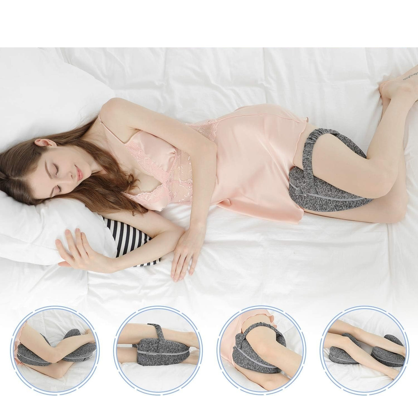 Side sleeper using the gray knee pillow shown in four sleeping positions