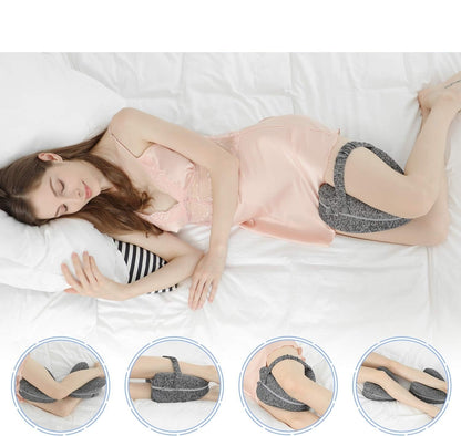 Side sleeper using the gray knee pillow shown in four sleeping positions