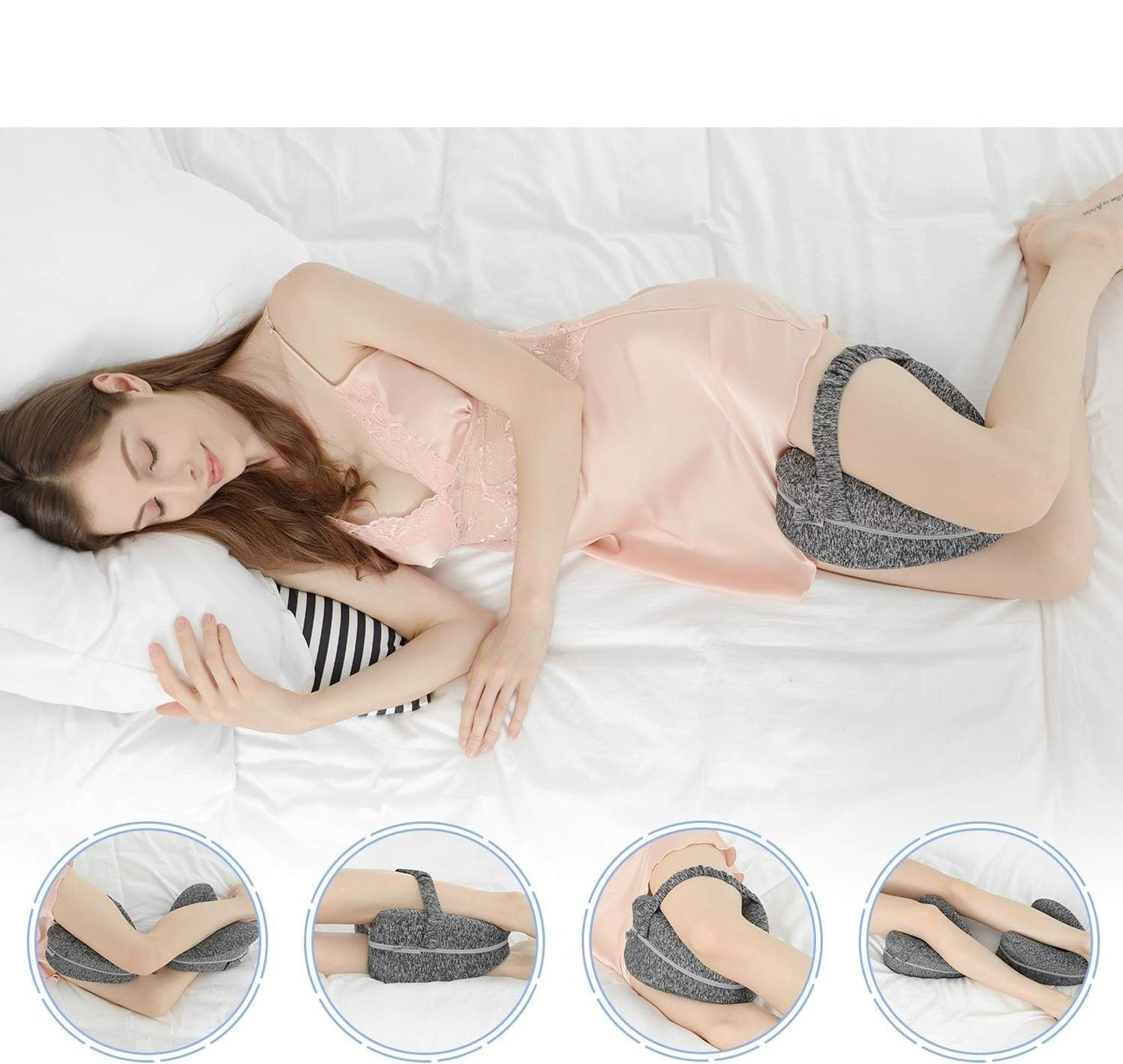 Side sleeper using the gray knee pillow shown in four sleeping positions