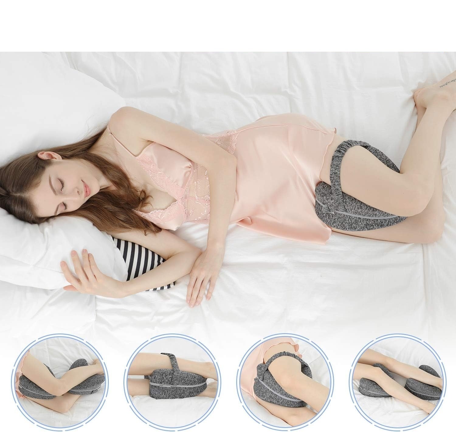 Side sleeper using the gray knee pillow shown in four sleeping positions