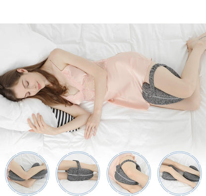 Side sleeper using the gray knee pillow shown in four sleeping positions
