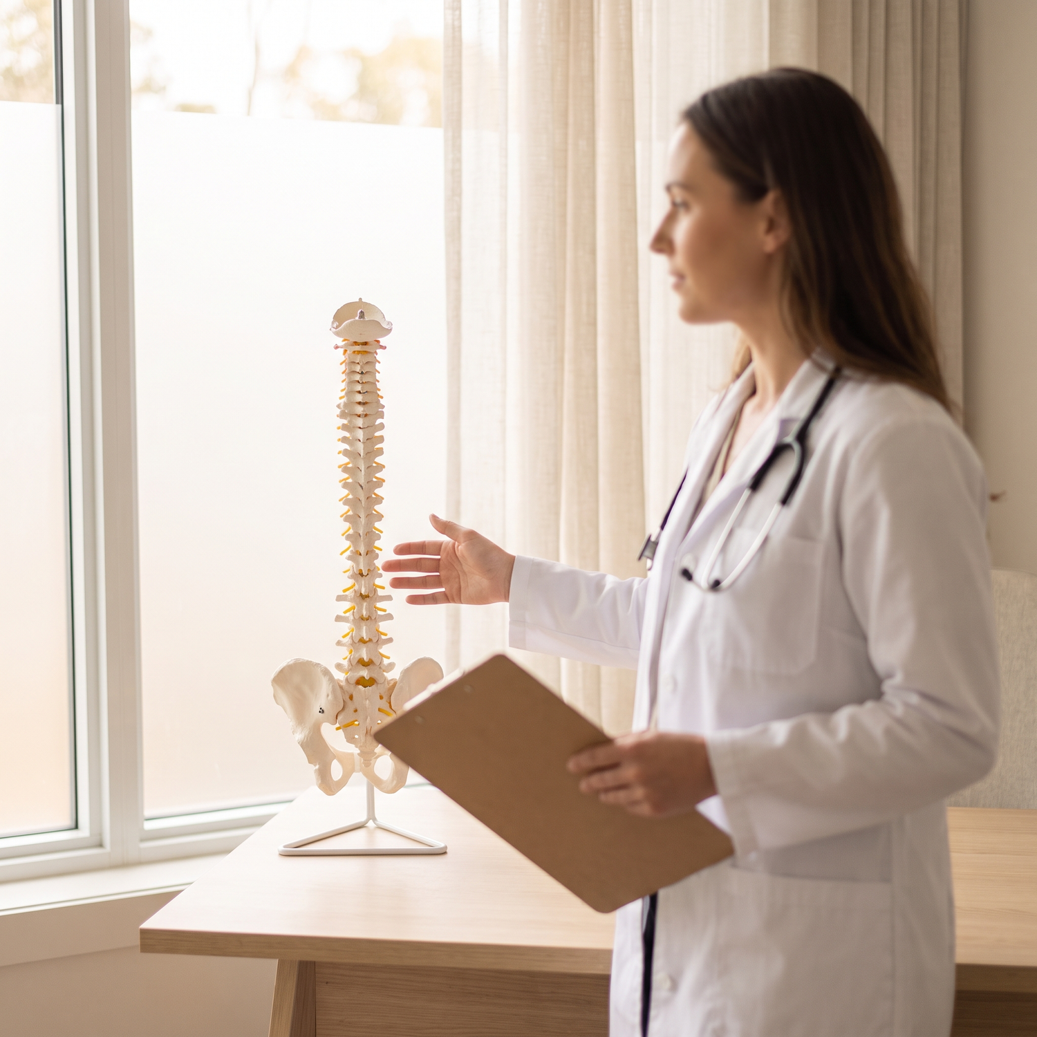 Clinician in a white coat gesturing at a spine model in a bright consultation room