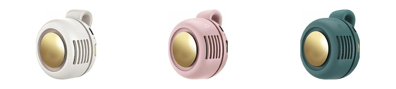 The clip-on bladeless fan in the three colors we sell: white, pink and dark green