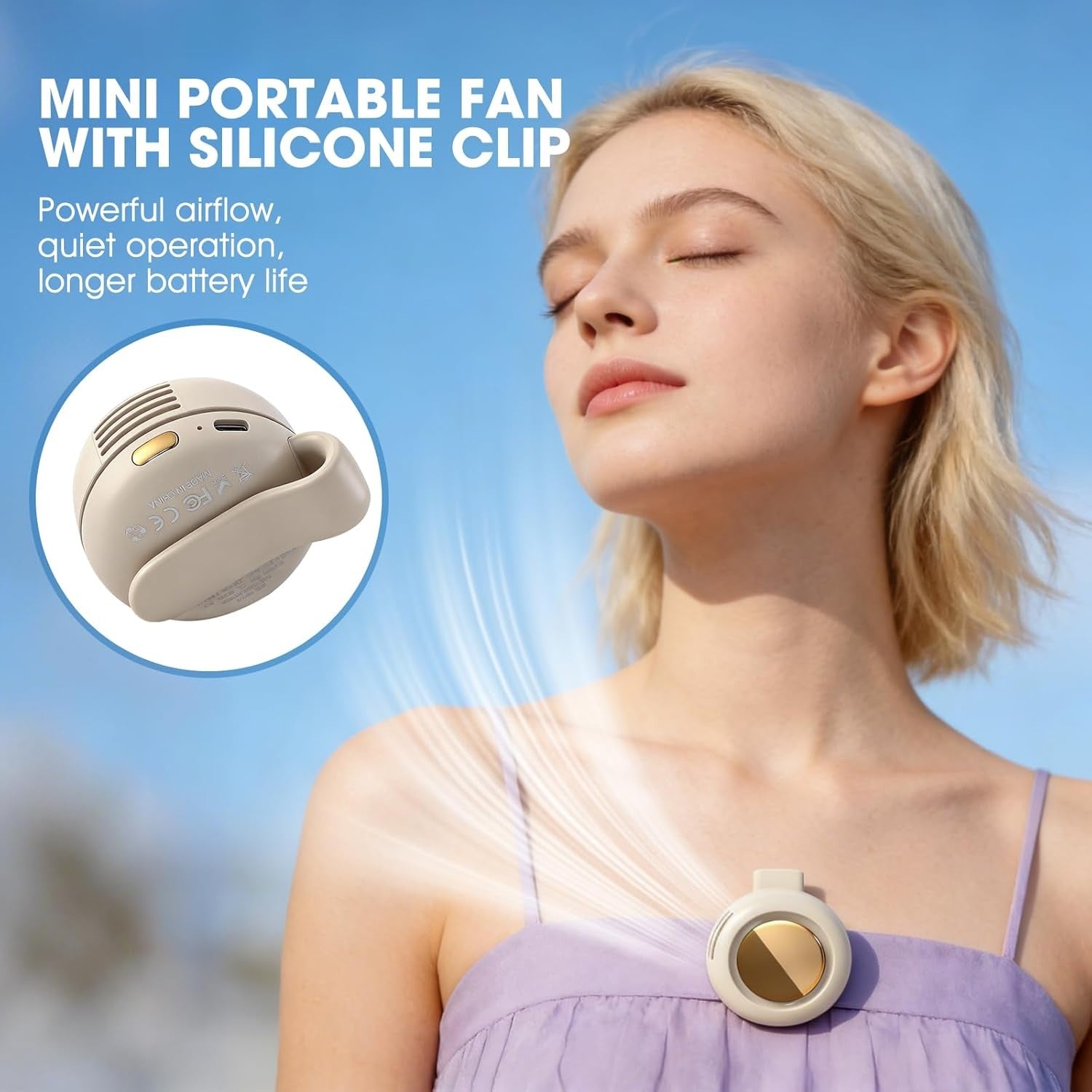 Woman outdoors in the sun with the clip-on bladeless fan on her dress strap, plus a close-up of the flexible silicone clip