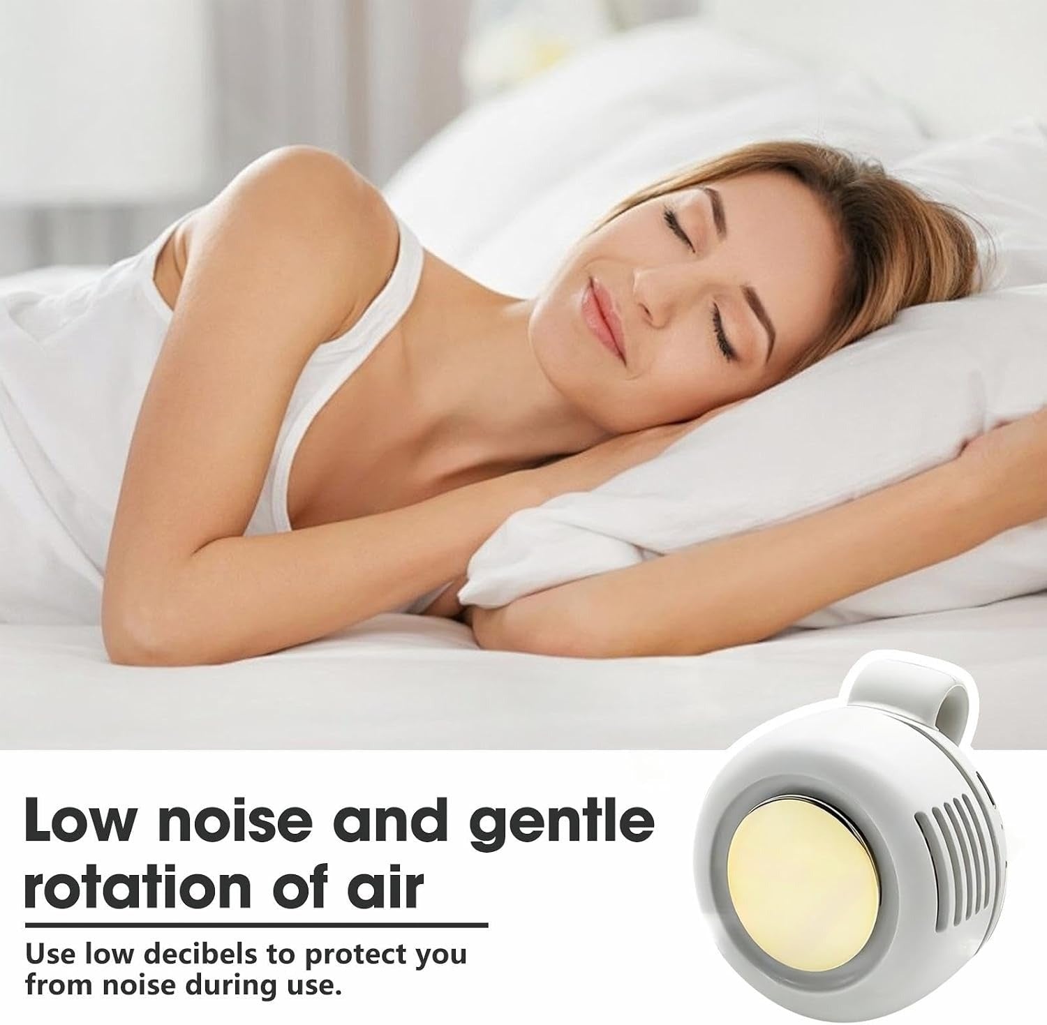 Woman sleeping beside the clip-on bladeless fan &mdash; low noise